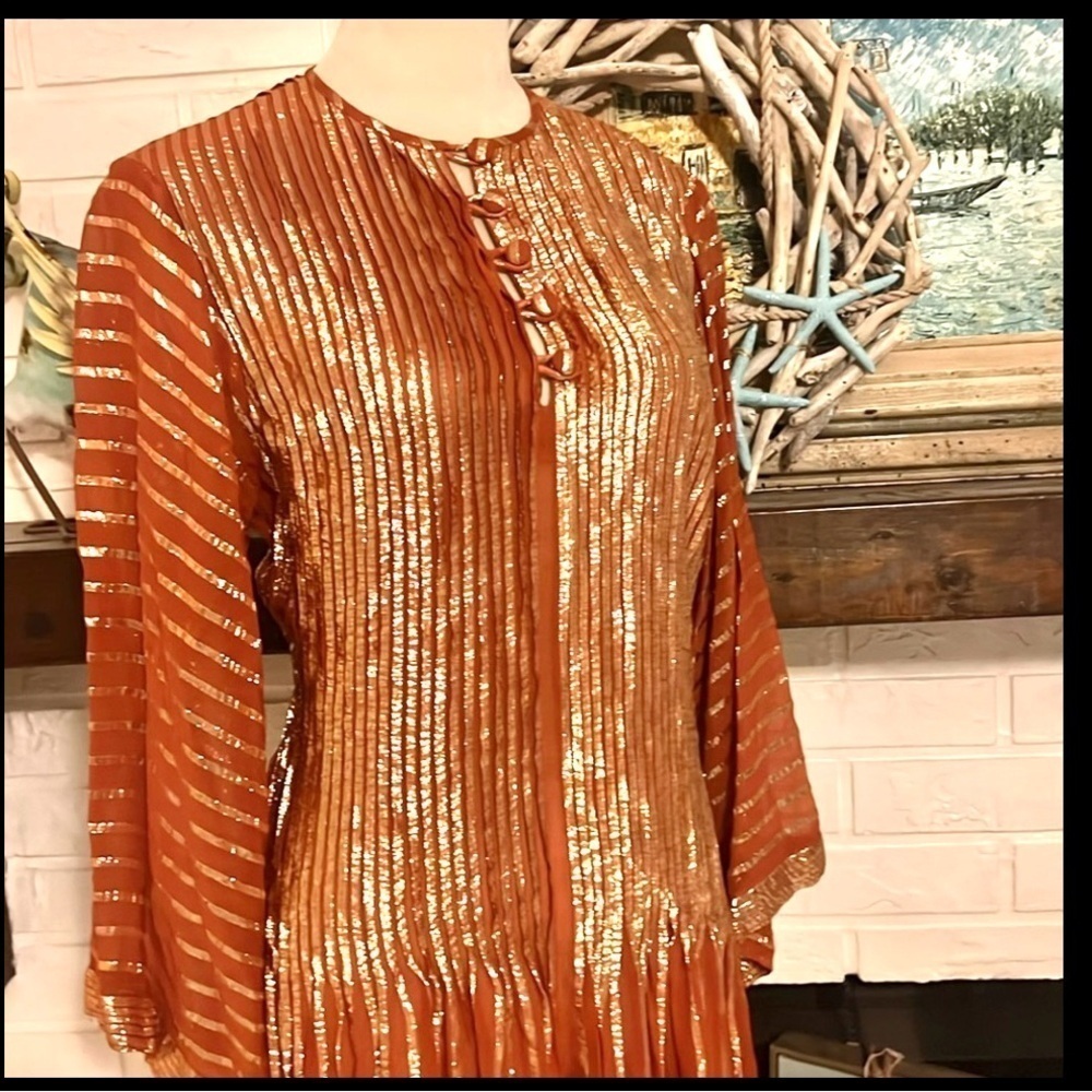 Vintage Albert Nipon, Stunning Metallic Copper Gold Pleated Dress EUC – Size 8 - Picture 7 of 15